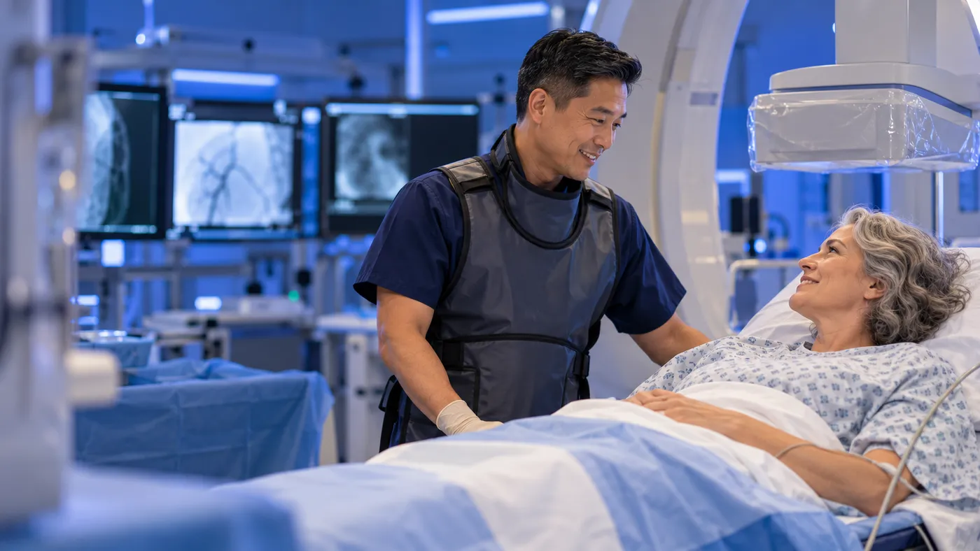 Interventional radiologist in a lead apron talking with a smiling patient in the IR suite, website design for interventional radiologists