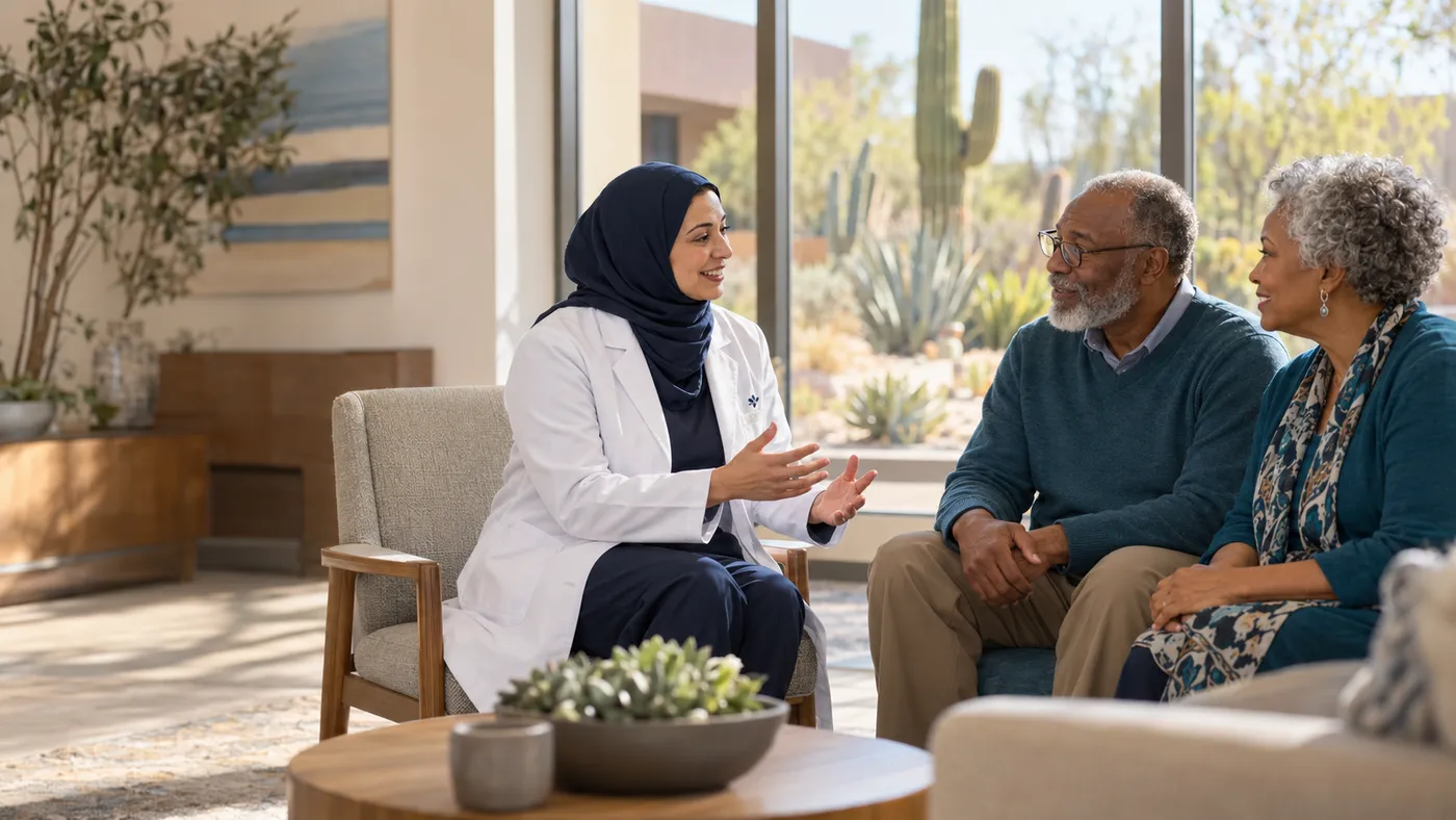 Nephrologist in a navy hijab explaining care to a patient and his wife in a sunny desert-courtyard clinic, website design for nephrologists