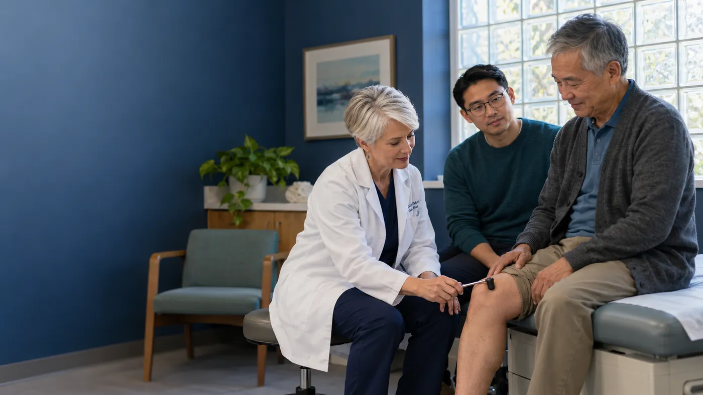 Neurologist testing an older patient’s knee reflex while his adult son watches, website design for neurologists