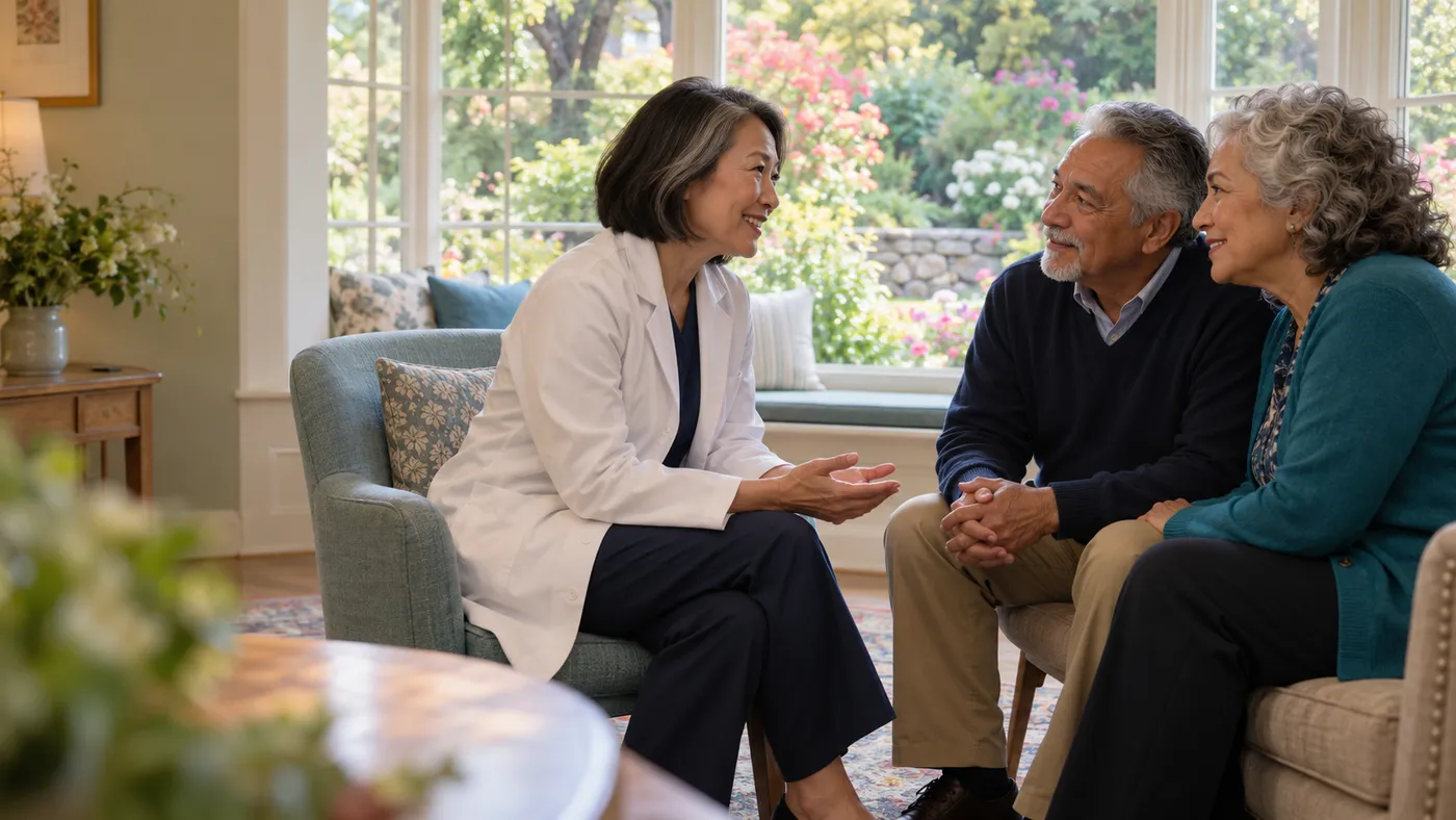 Oncologist talking warmly with a patient and his wife beside a bay window in a cancer center, website design for oncologists