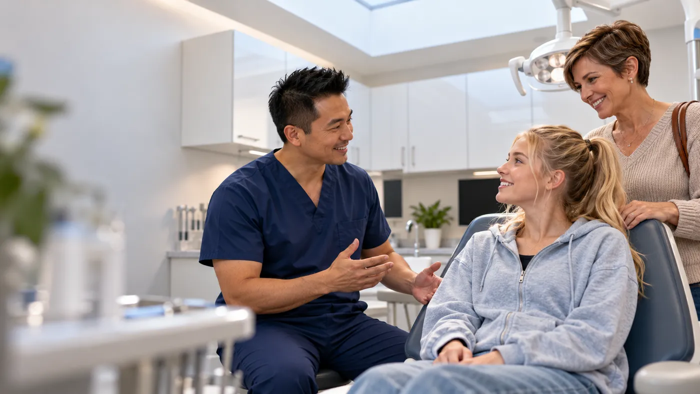 Oral surgeon talking with a teen patient and her mother in a bright oral surgery room, website design for oral and maxillofacial surgeons