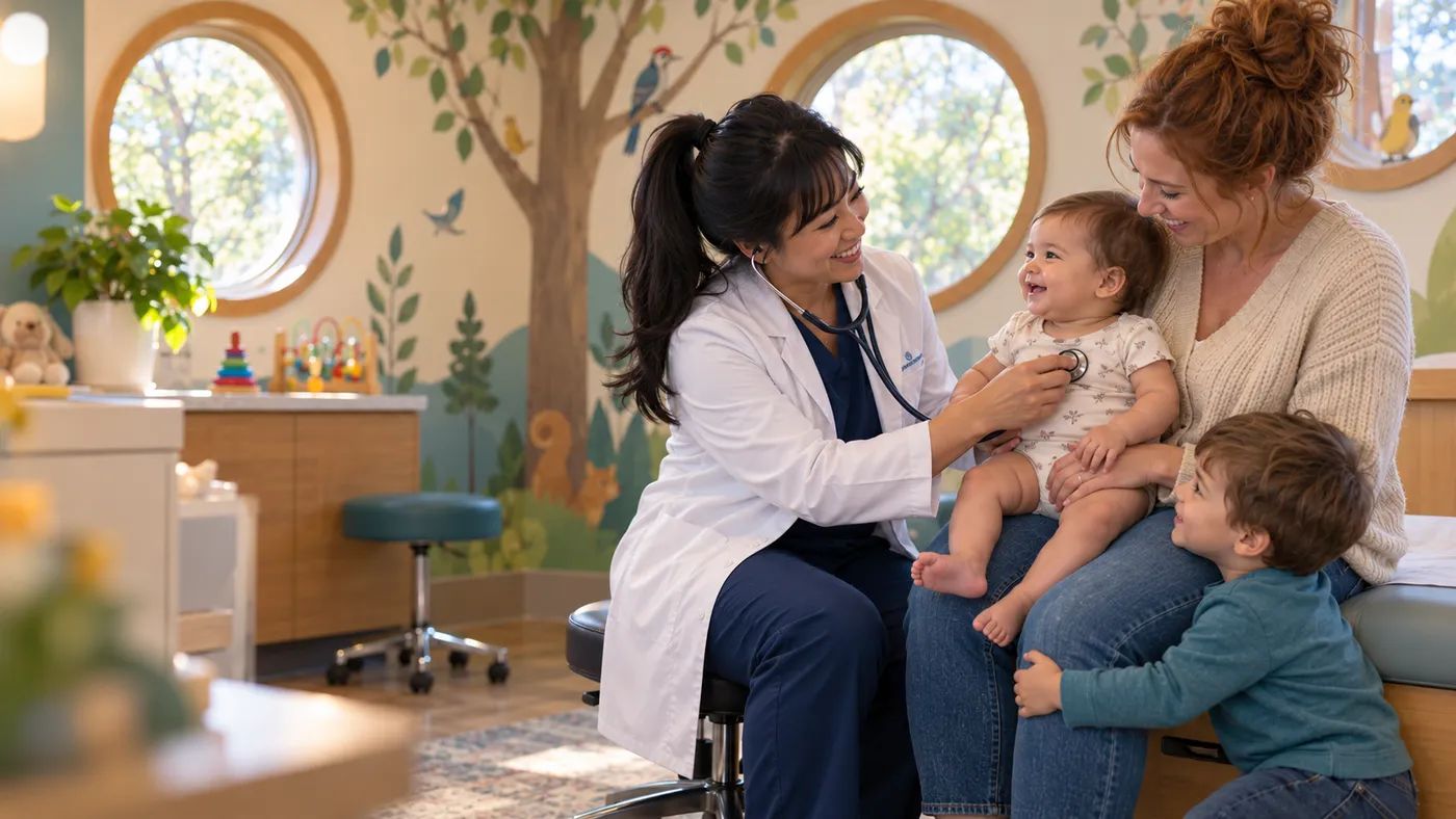 Pediatrician listening to a smiling baby’s heart while the mother and big brother look on, website design for pediatricians
