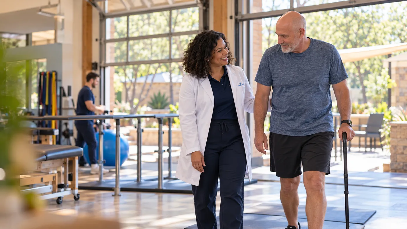 Physiatrist walking beside a patient using a cane in a bright ground-floor rehab gym, website design for physiatrists