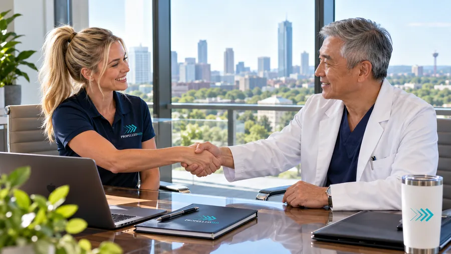 A Propelled MD team member in a navy Propelled MD polo shaking hands with a surgeon in a bright conference room