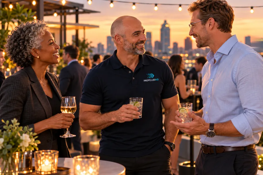 A Propelled MD rep in a navy Propelled MD polo laughing with two doctors at a rooftop mixer during a medical convention