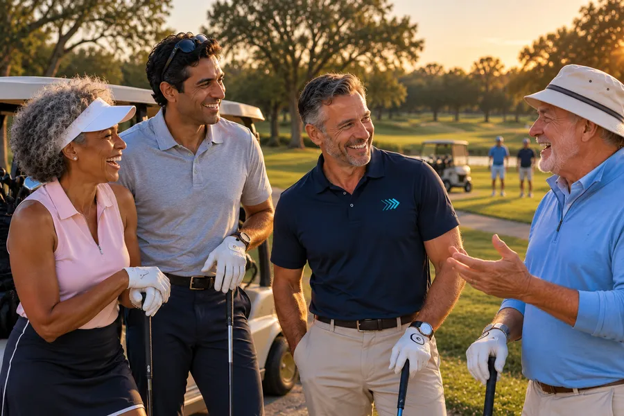 A Propelled MD rep in a navy polo laughing with three doctor friends at a charity golf tournament at golden hour