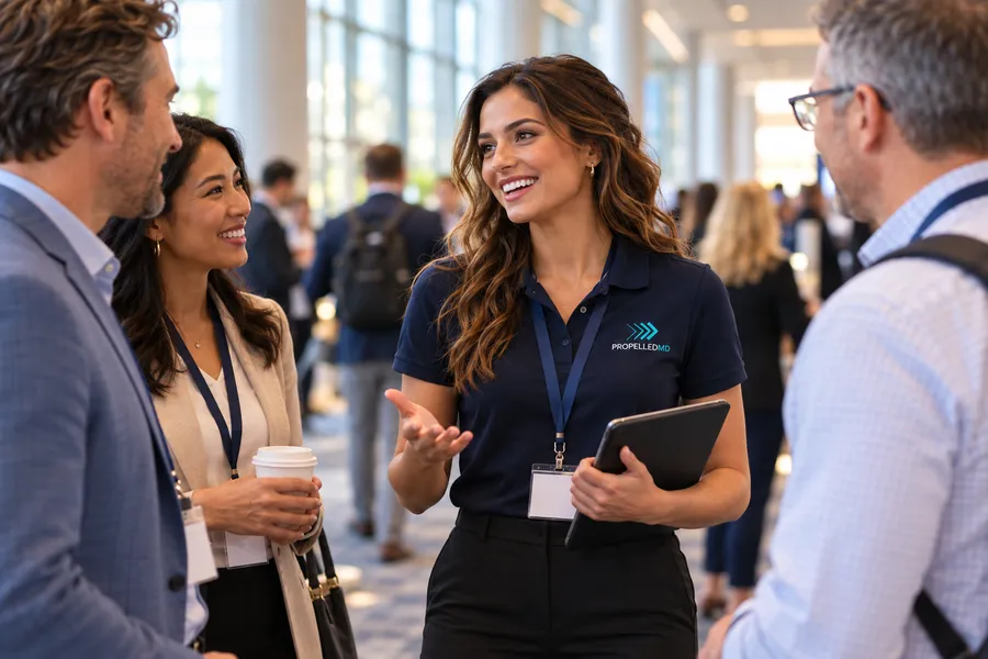 A Propelled MD rep in a navy Propelled MD polo talking with doctors at a medical conference