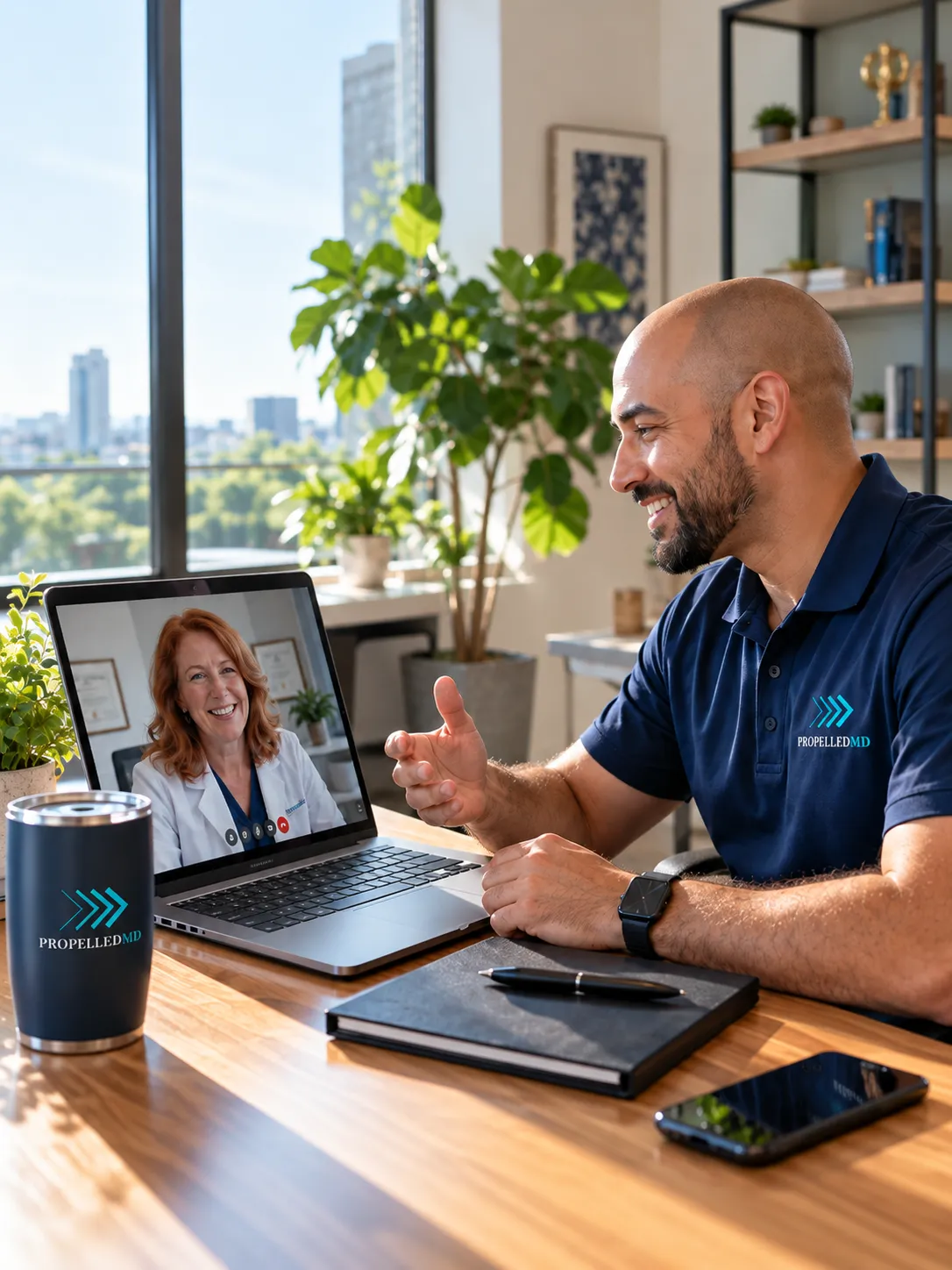 Propelled MD strategist in a sunny office smiling on a video call with a red-haired doctor in a white coat, talking through her medical practice website