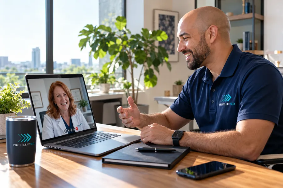 A Propelled MD team member in a navy Propelled MD polo smiling on a video call with a doctor