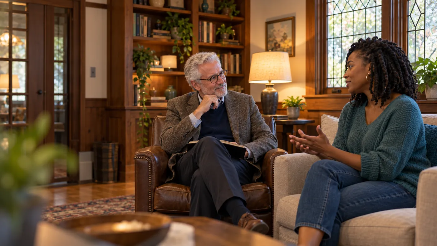 Psychiatrist listening kindly to a patient in a cozy, private office, website design for psychiatrists