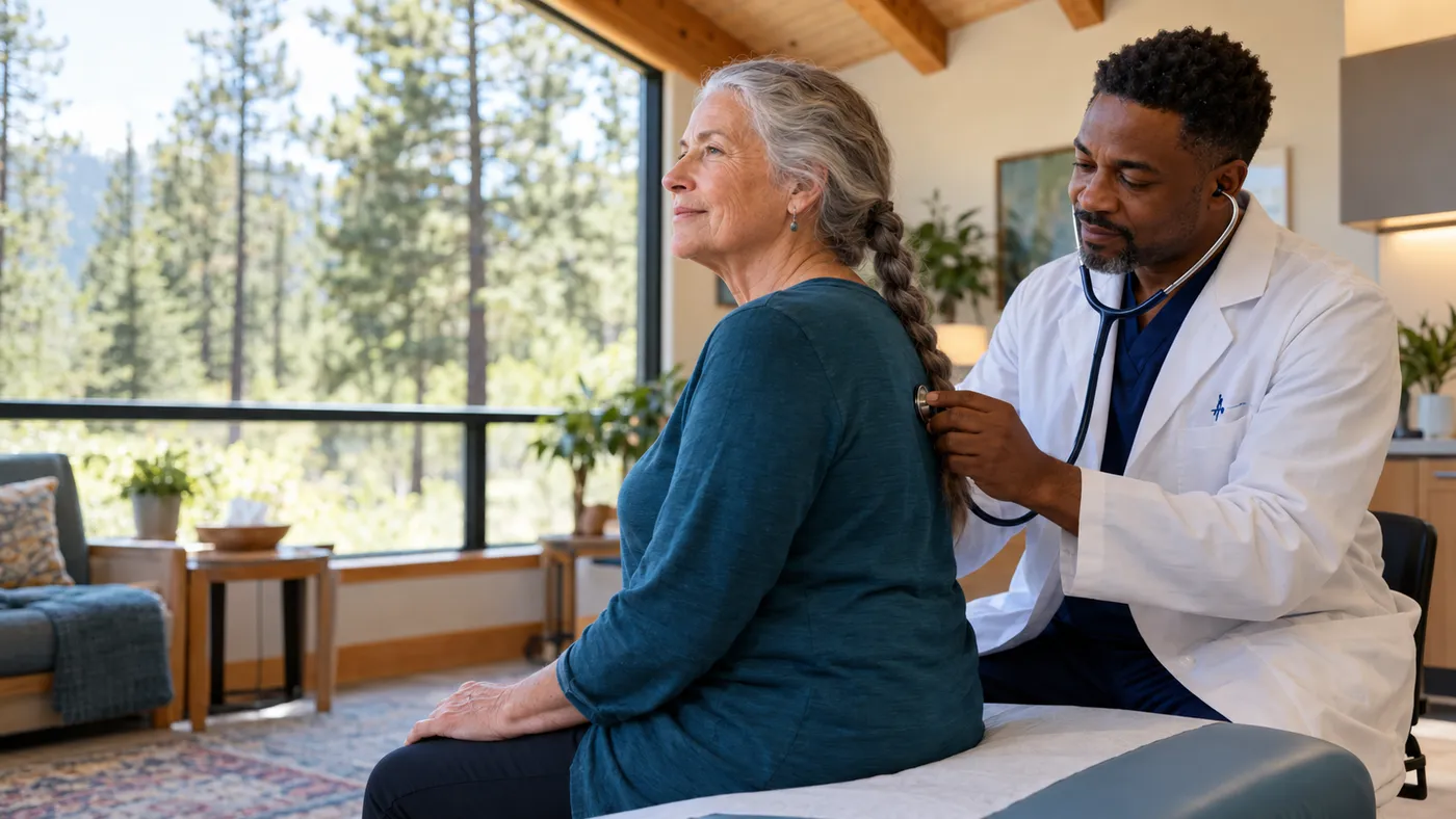Pulmonologist listening to a patient’s lungs with a stethoscope in a mountain clinic with pine trees outside, website design for pulmonologists