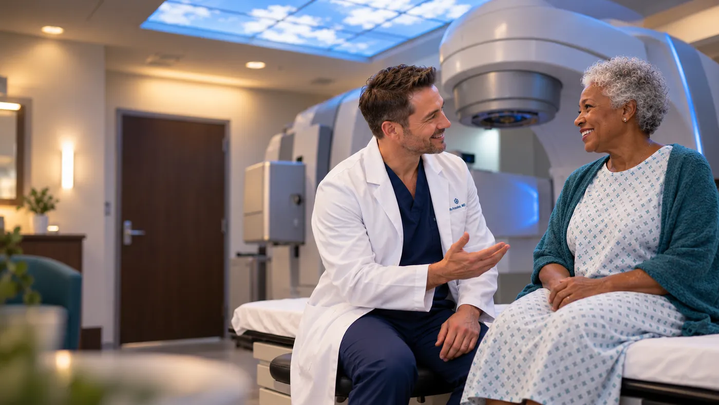 Radiation oncologist talking warmly with a patient in a radiation treatment room, website design for radiation oncologists