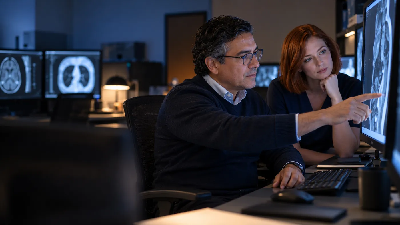 Radiologist and a colleague reviewing a scan in a quiet reading room, website design for radiologists