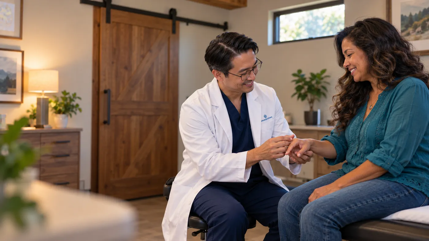 Rheumatologist gently examining a patient’s hand joints in a warm exam room, website design for rheumatologists