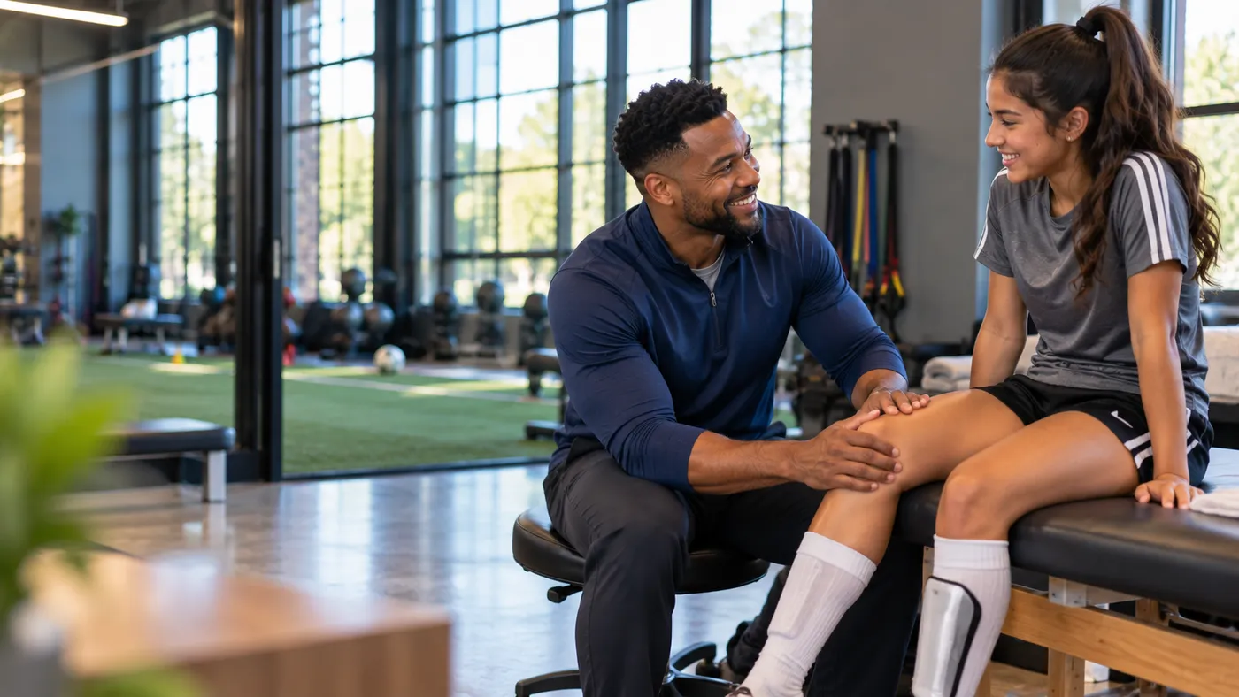 Sports medicine physician checking a teen soccer player’s knee beside an indoor training area, website design for sports medicine doctors