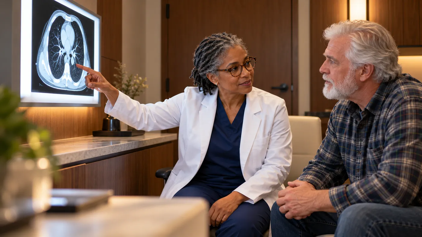 Thoracic surgeon pointing to a chest scan on a lightbox as she explains it to a patient, website design for thoracic surgeons