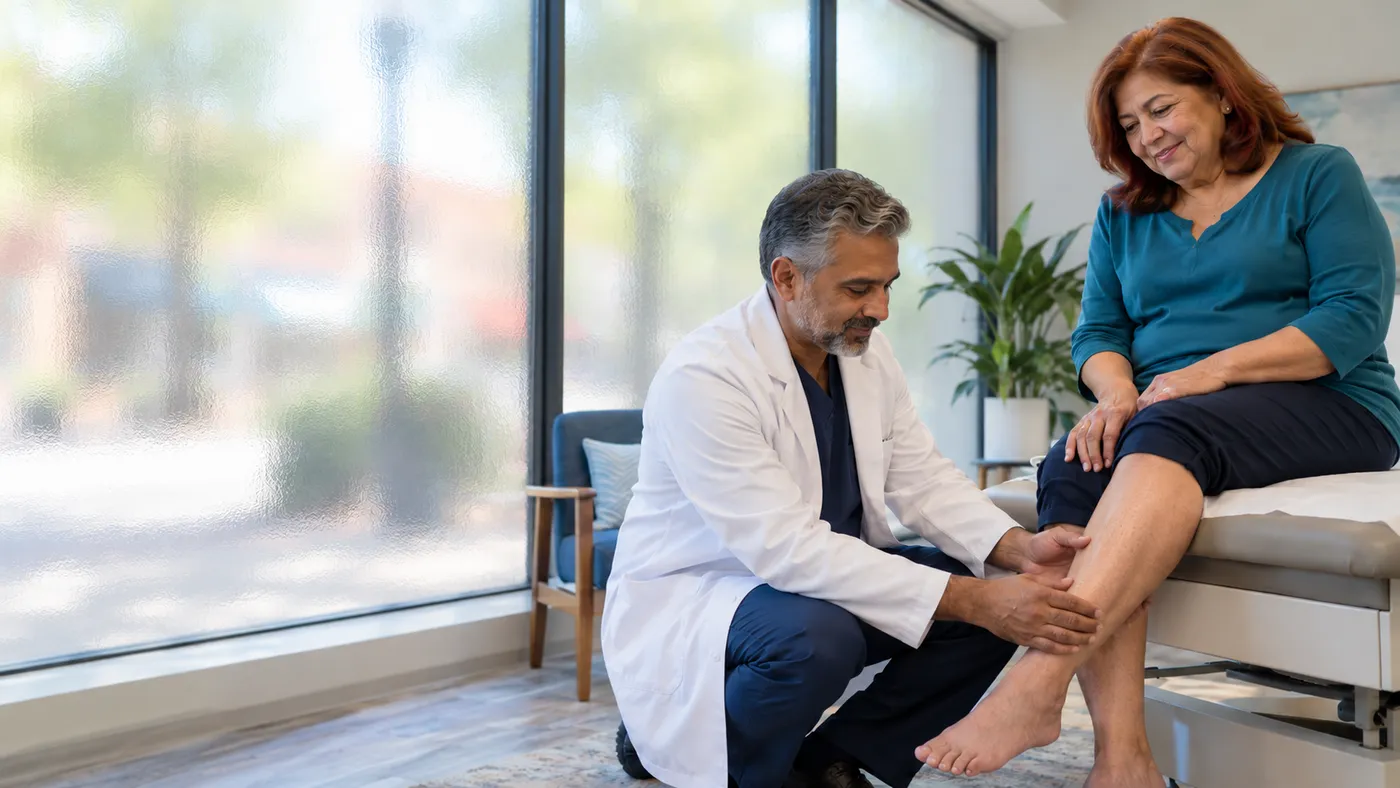 Vascular surgeon kneeling to check a smiling patient’s lower leg in a bright ground-floor clinic, website design for vascular surgeons
